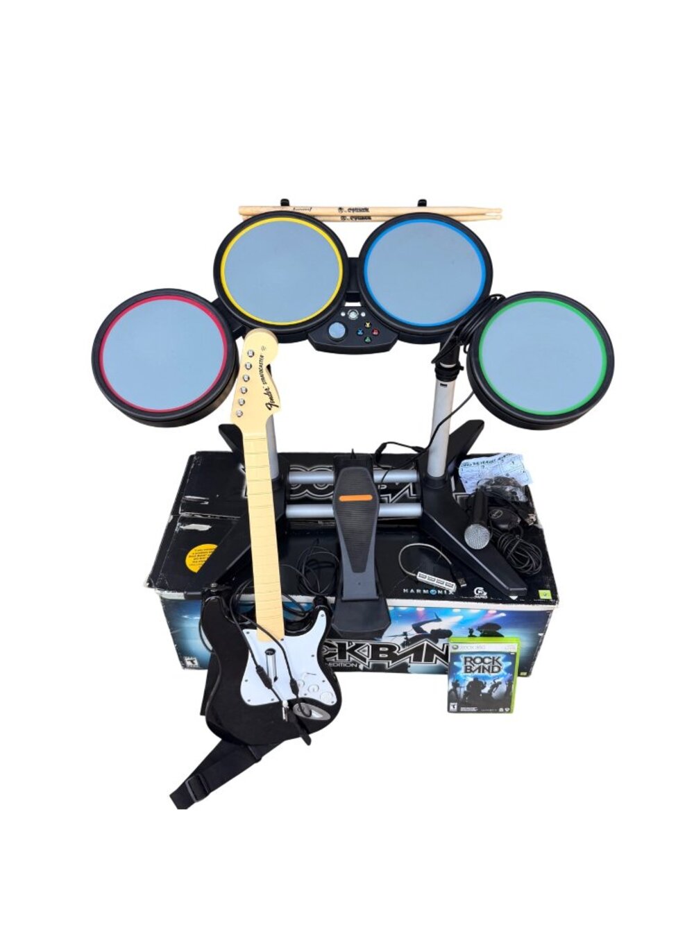 Rock Band Special Edition Xbox 360 Complete Set Guitar Drums Mic Pedal Tested